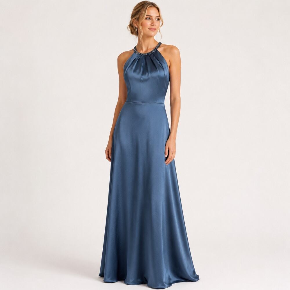 Rickie Freeman Teri Jon French Blue Satin Beaded Halter Gown Size 8 NWT